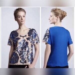 Tracy Reese XS Neiman Marcus + Target Tan with Blue Sequins Relaxed Fit Blouse